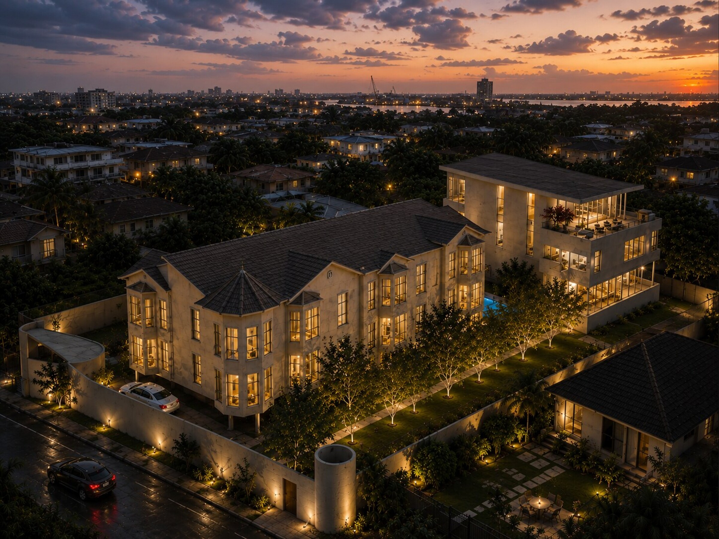 Aerial sunset view of EPEE Domaine in Douala, showing the seven-unit apartment building at the public edge, central pool, landscaped promenade, private family residence at the rear, and city beyond.