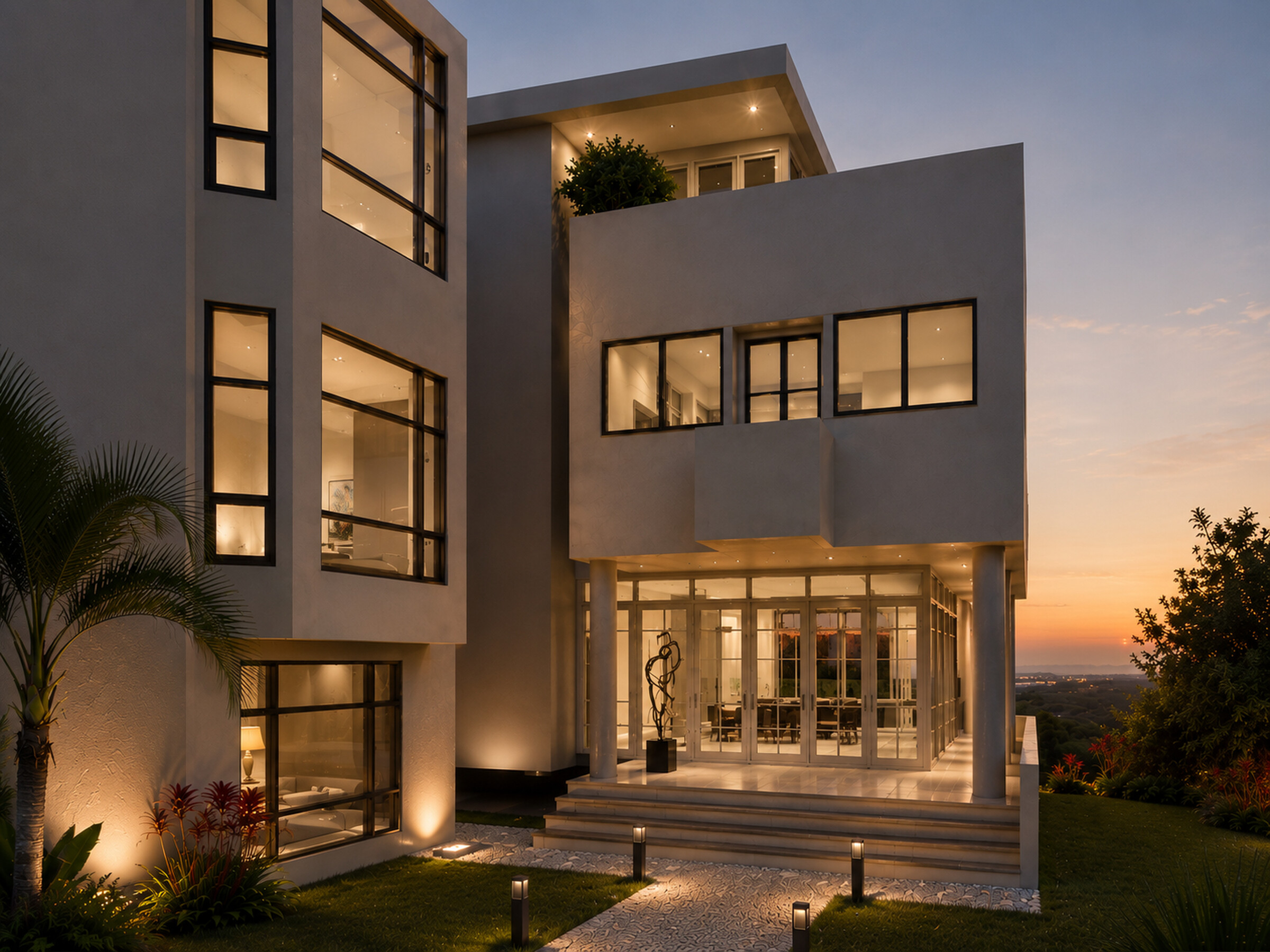 Dusk view of the private family residence entrance at the rear of EPEE Domaine, framed by tall glazing, a sheltered terrace, tropical planting, and low path lighting.