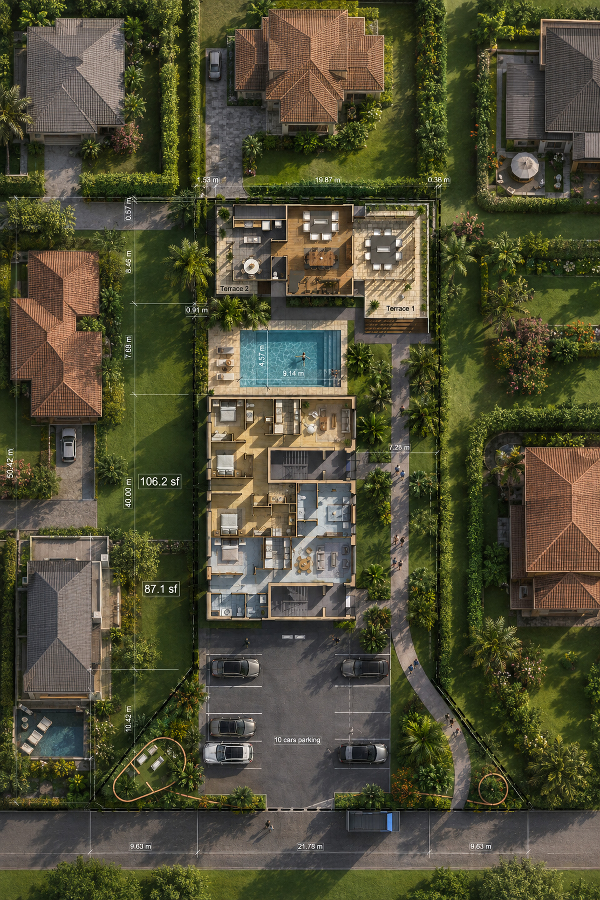 Conceptual site plan of EPEE Domaine showing the street entrance and round guardhouse volume, parking, seven-unit apartment building, landscaped pedestrian promenade, central swimming pool, and private family residence at the rear.
