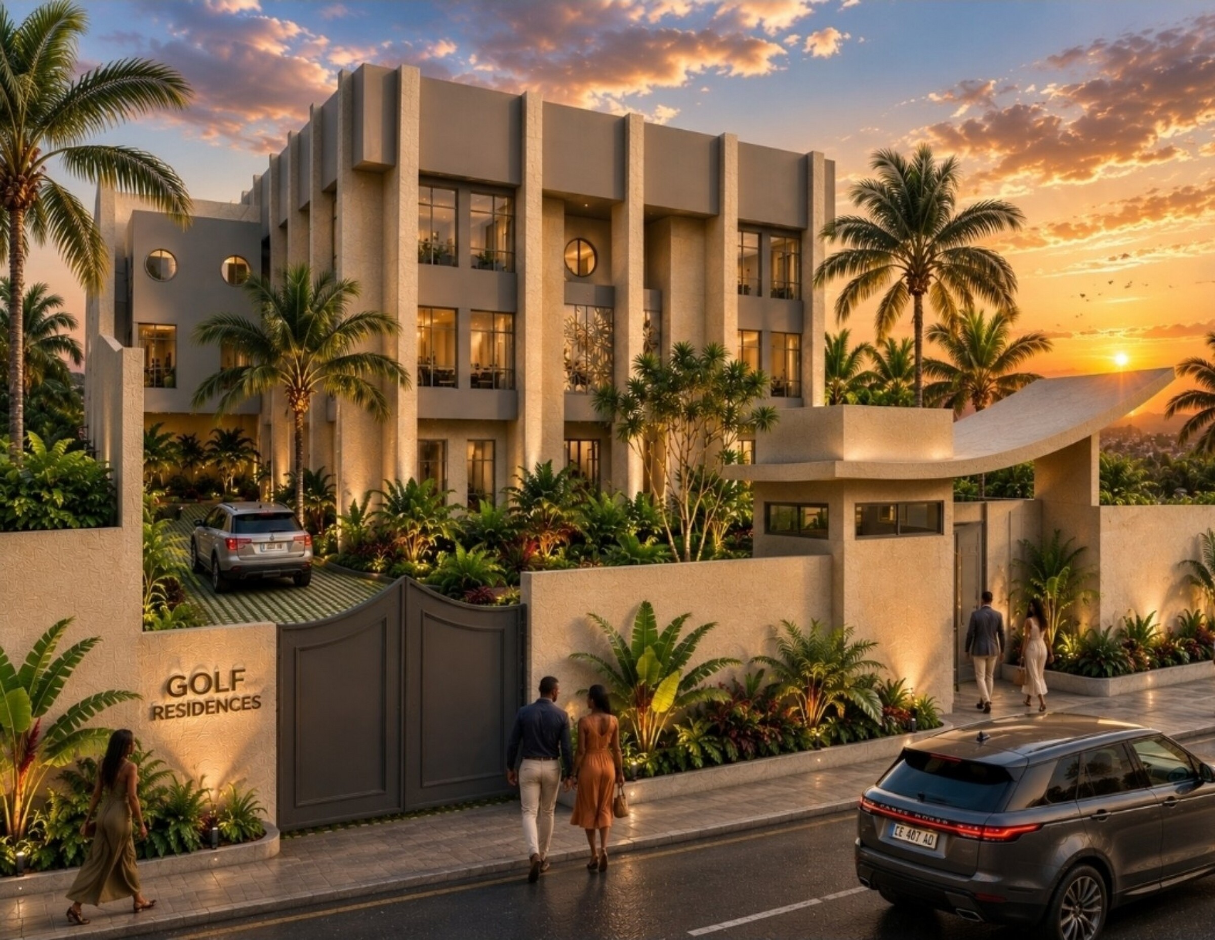 Warm sunset street view of Golf Residences in Yaoundé, showing the gated entrance, curved canopy, illuminated façade, tropical landscape, and the setting sun.