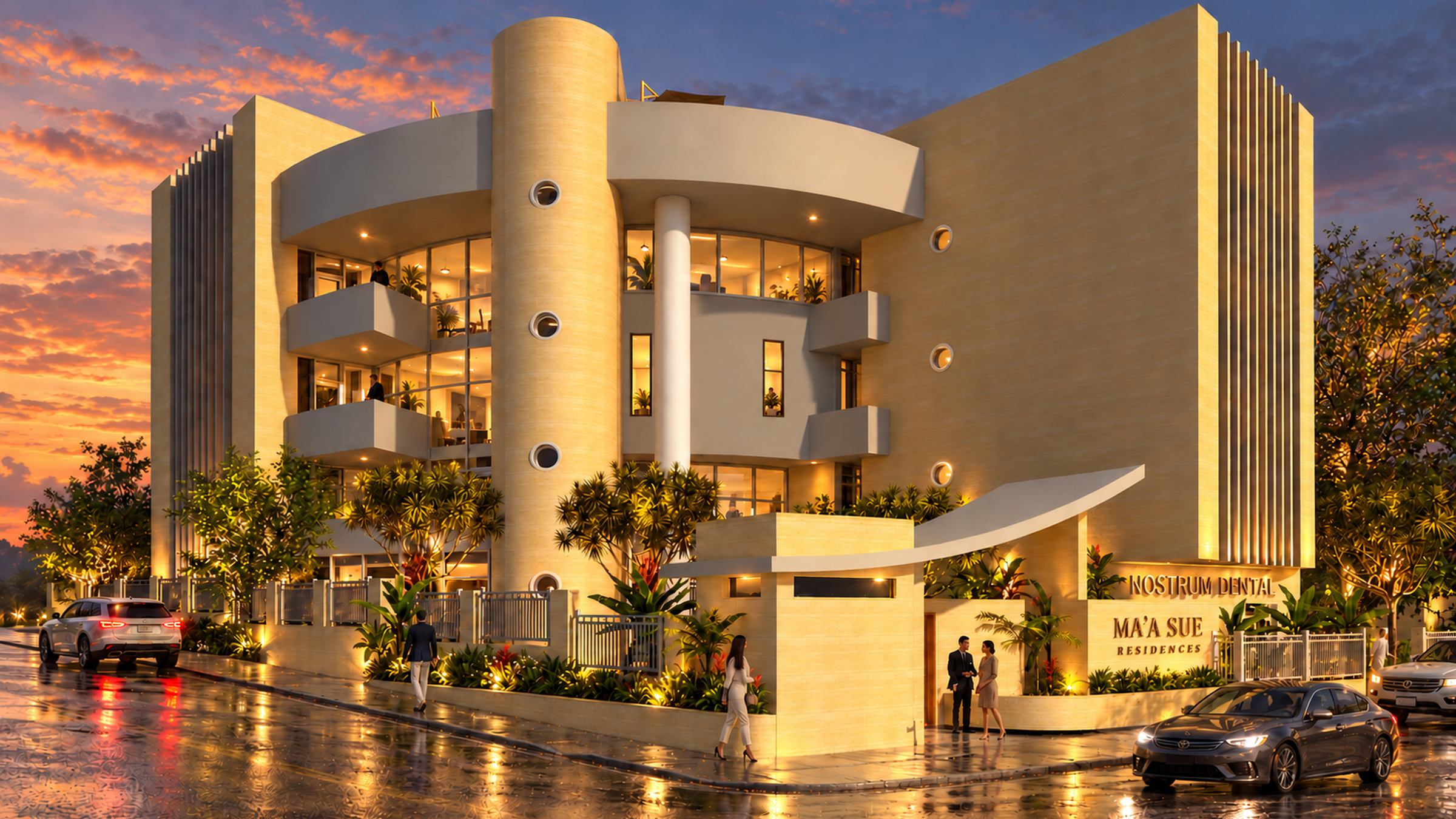 Sunset corner view of Ma’a Sue Residences in Yaoundé, showing its curved entrance canopy, landscaped frontage, and illuminated interiors