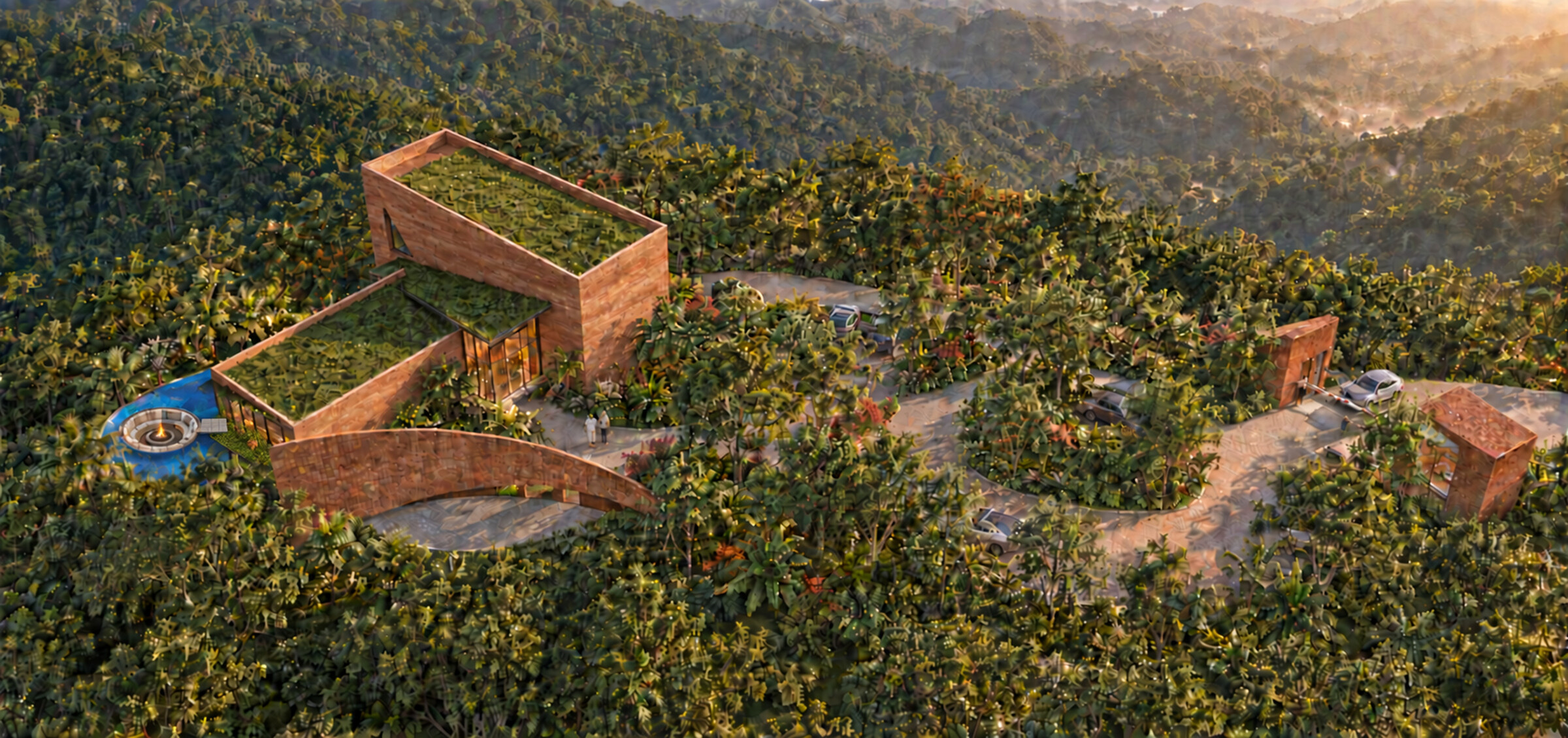 Aerial arrival view of Maison des Nuages showing rammed earth walls, planted roofs, the winding drive, parking courts, dense mountain vegetation, and the valley beyond.