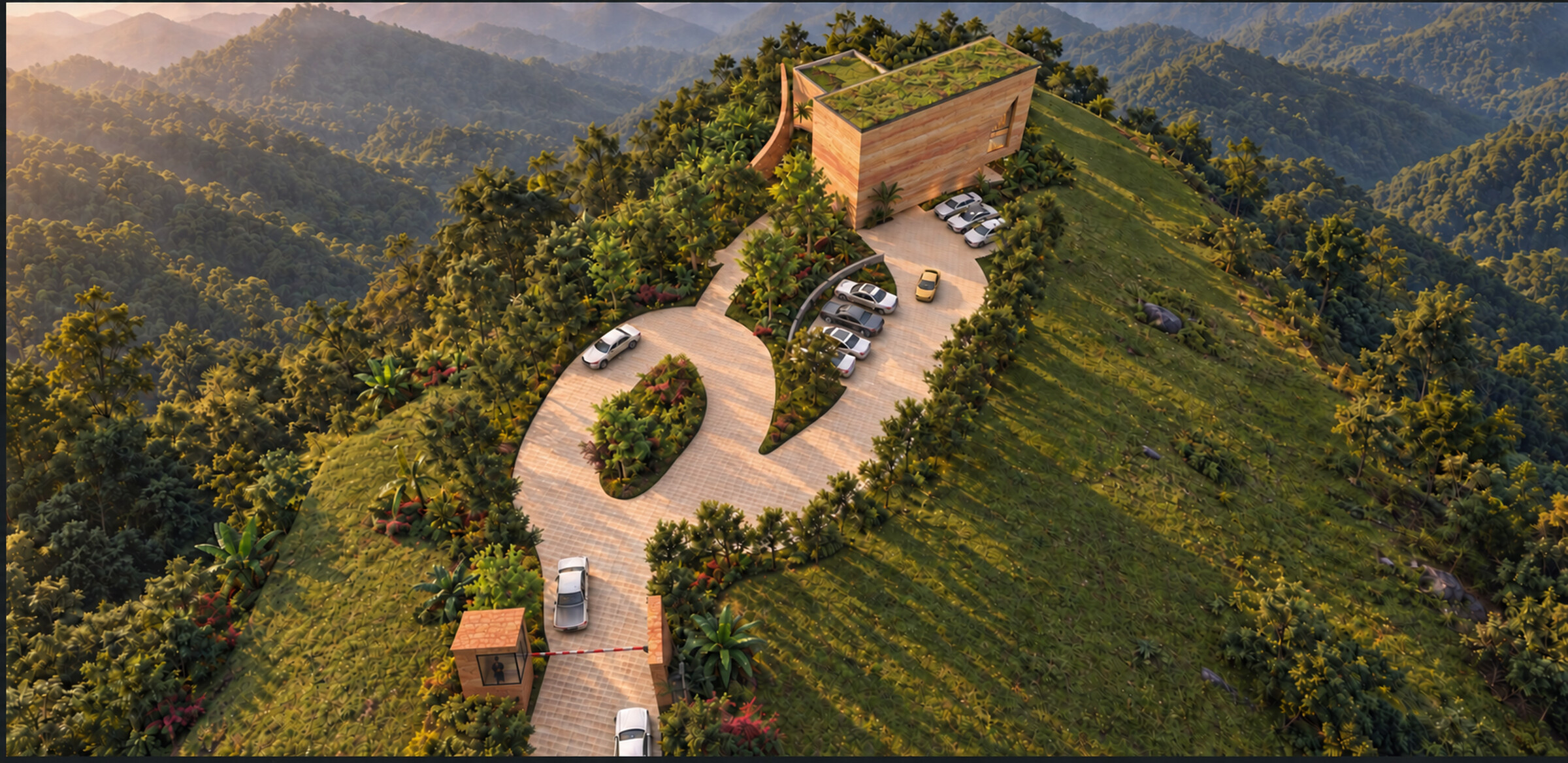 Conceptual aerial site view of Maison des Nuages showing the winding approach, landscaped arrival court, rammed earth residence, planted roofs, lawn, pool, and steep valley setting.