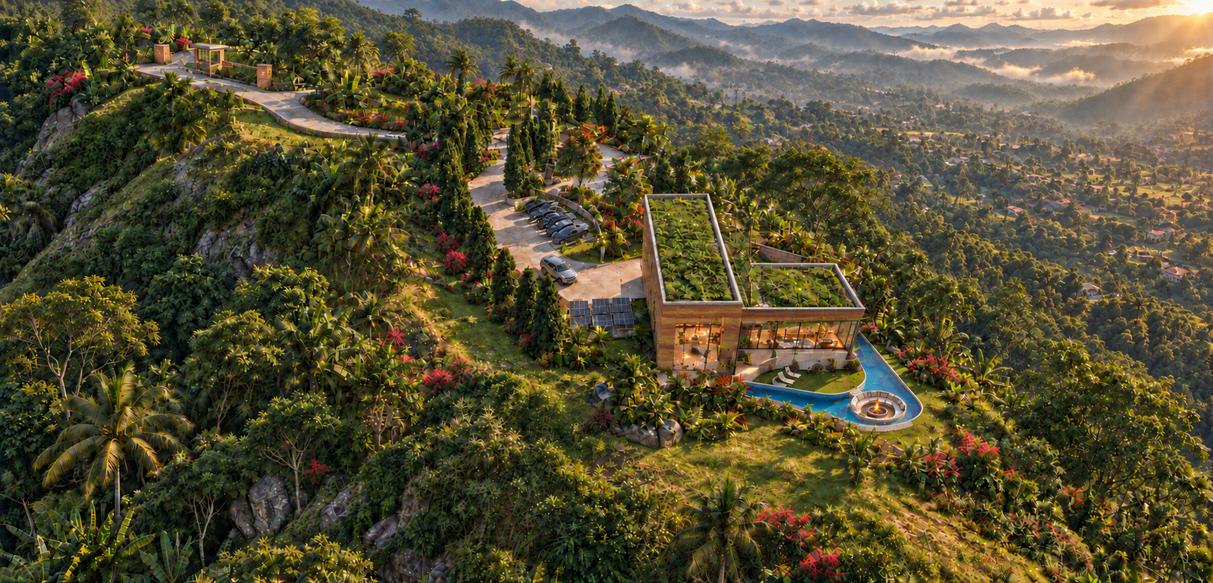 High aerial view of Maison des Nuages integrated into a forested mountain ridge above the Bassamba Valley, with the winding arrival road, landscaped grounds, planted roofs, and pool visible.