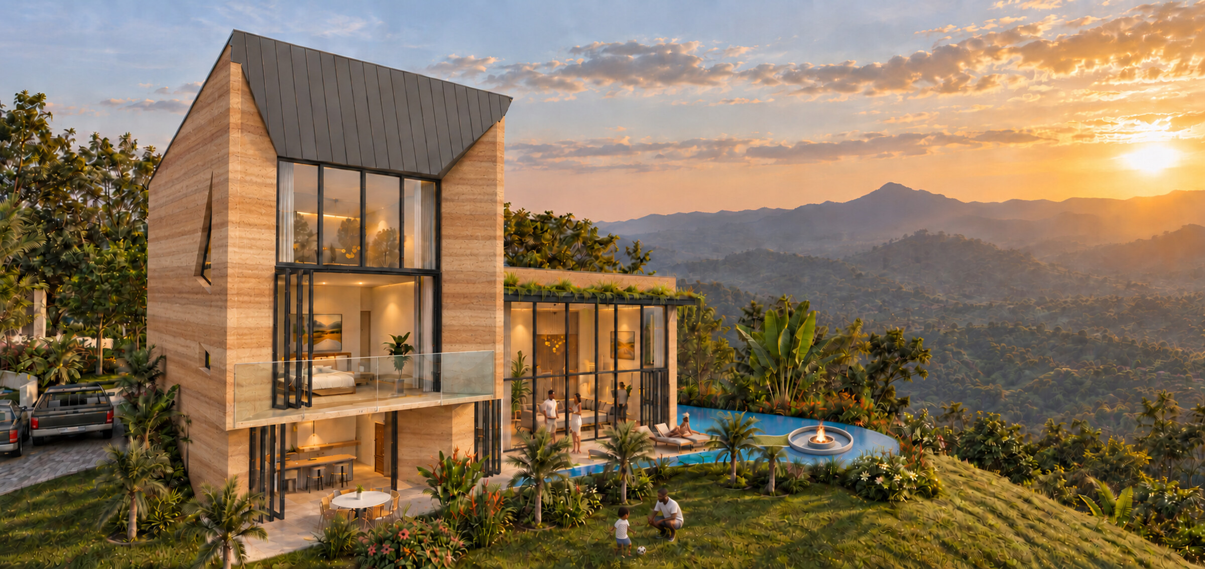 Sunset view of Maison des Nuages on a mountain ridge above the Bassamba Valley, showing rammed earth volumes, a glazed living pavilion, planted roofs, a pool, and tropical landscape.